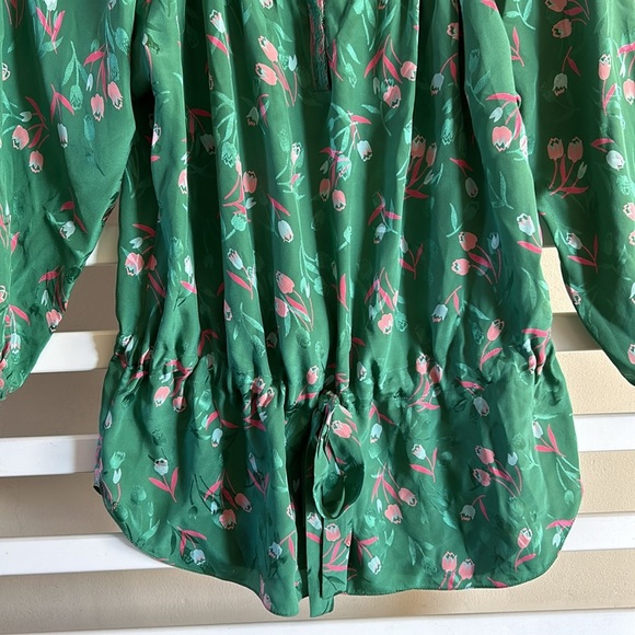 Rebecca Taylor Size 6 Green Floral 100% Silk Long Sleeve Tie Waist Blouse - Picture 2 of 11
